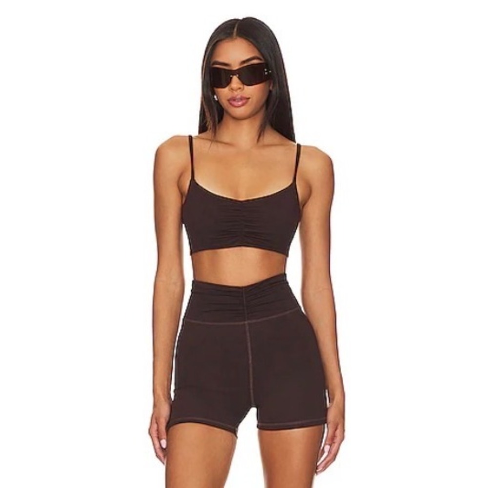 Camila Coelho Sport Dana Bike Shorts Chocolate Brown Sz S Ruched Waist REVOLVE